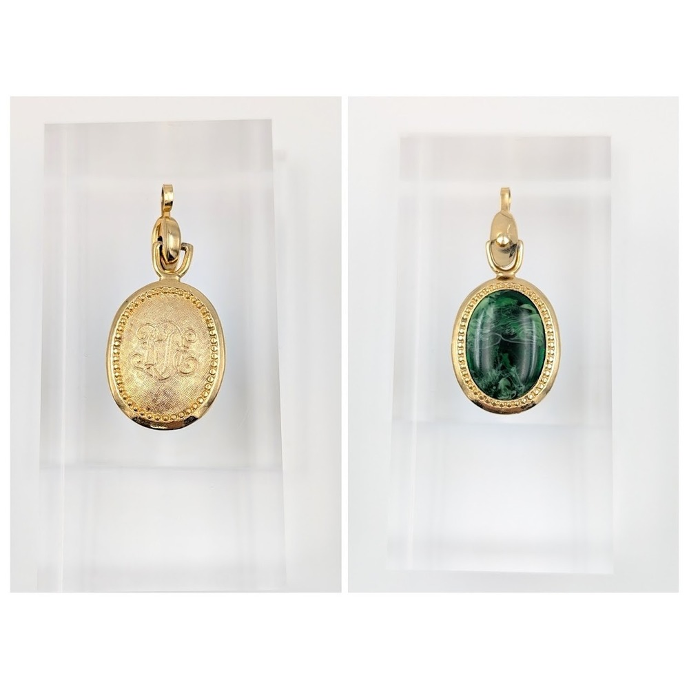 Vintage Green Cabochon Pendant Victorian Revival Ornate‎ Monogram Engraved Back